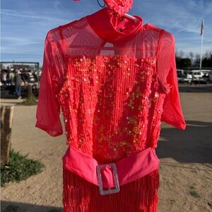 Weissman Neon Coral Sequin Fringe Dance Costume